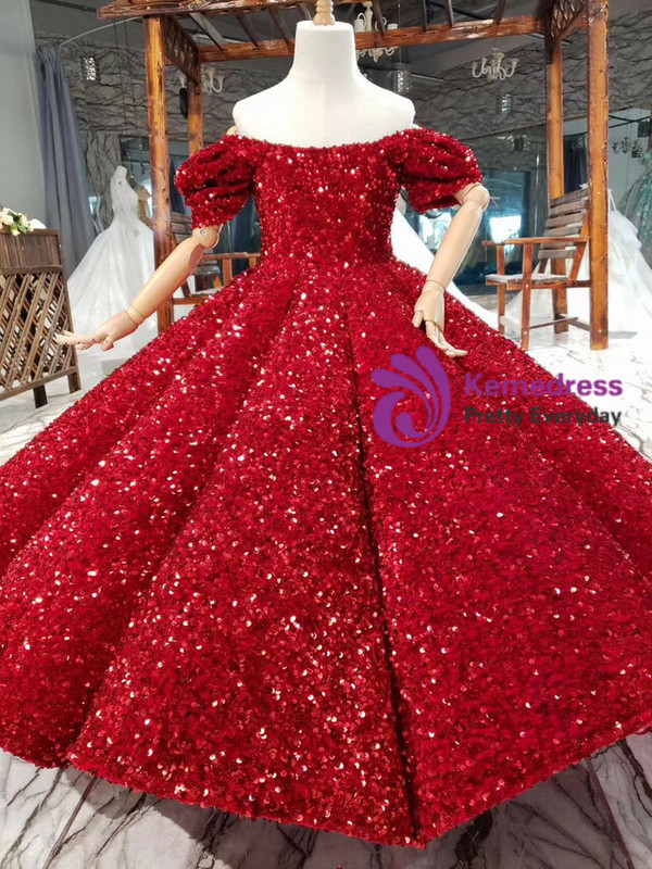 Ball Gown Sequins Puff Square Sleeve Flower Girl Dress