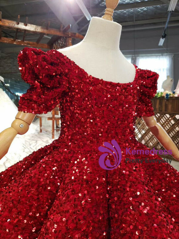 Ball Gown Sequins Puff Square Sleeve Flower Girl Dress