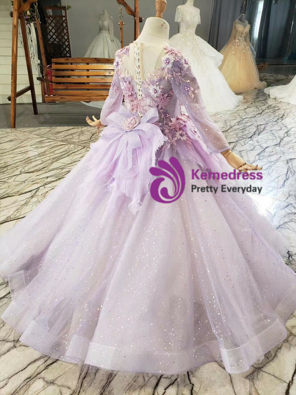 Purple Tulle Long Sleeve 3D Appliques Flower Girl Dress