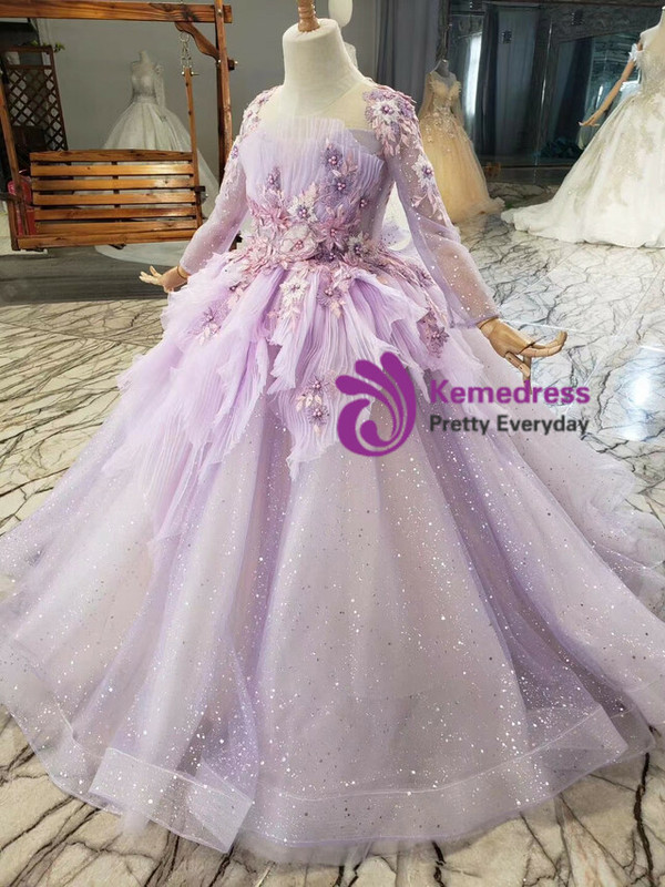 Purple Tulle Long Sleeve 3D Appliques Flower Girl Dress