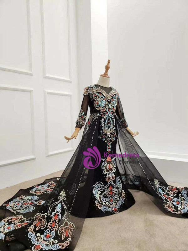 Black Mermaid Long Sleeve Beading Crystal Flower Girl Dress