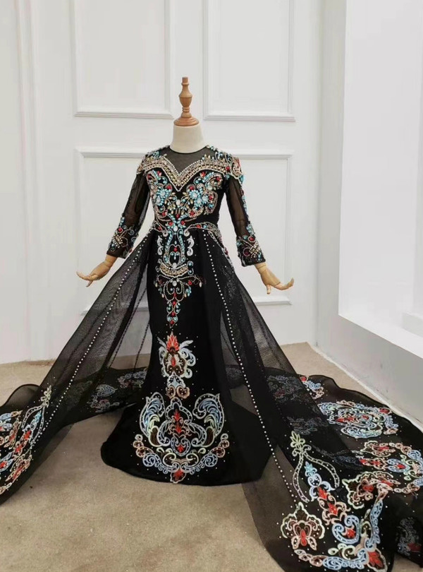 Black Mermaid Long Sleeve Beading Crystal Flower Girl Dress