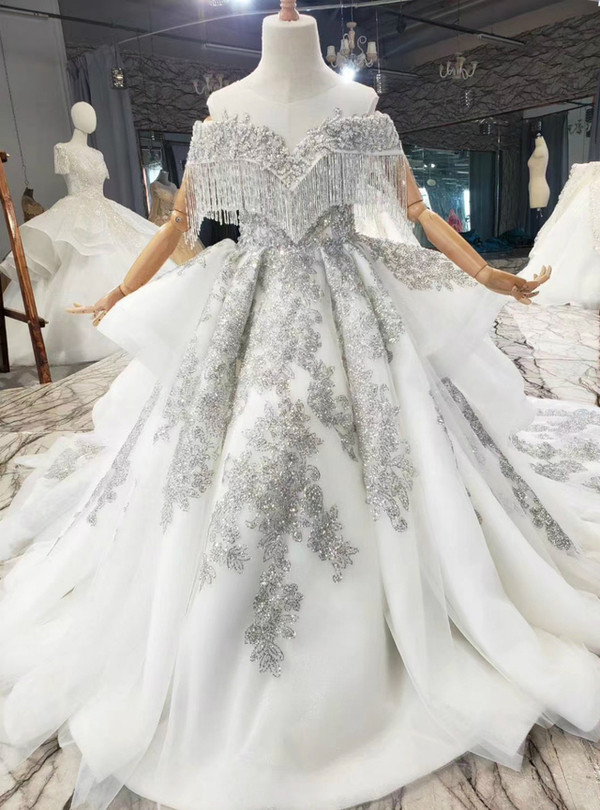 Tulle Silver Gray Sequins Appliques Beading Flower Girl Dress