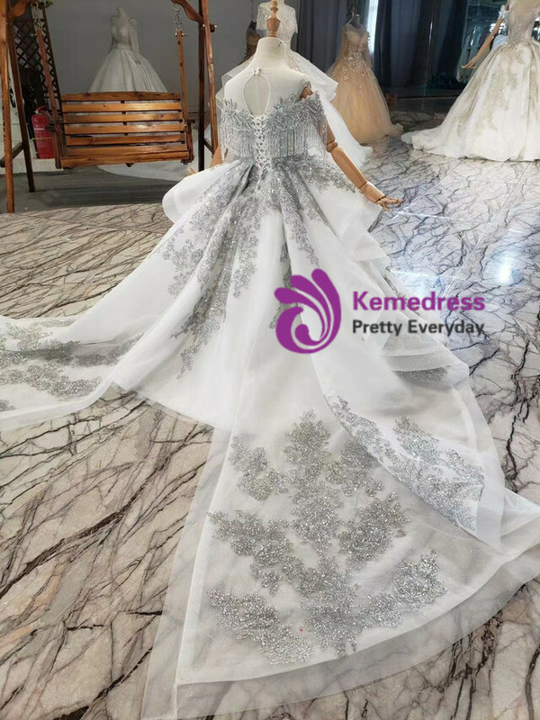 Tulle Silver Gray Sequins Appliques Beading Flower Girl Dress