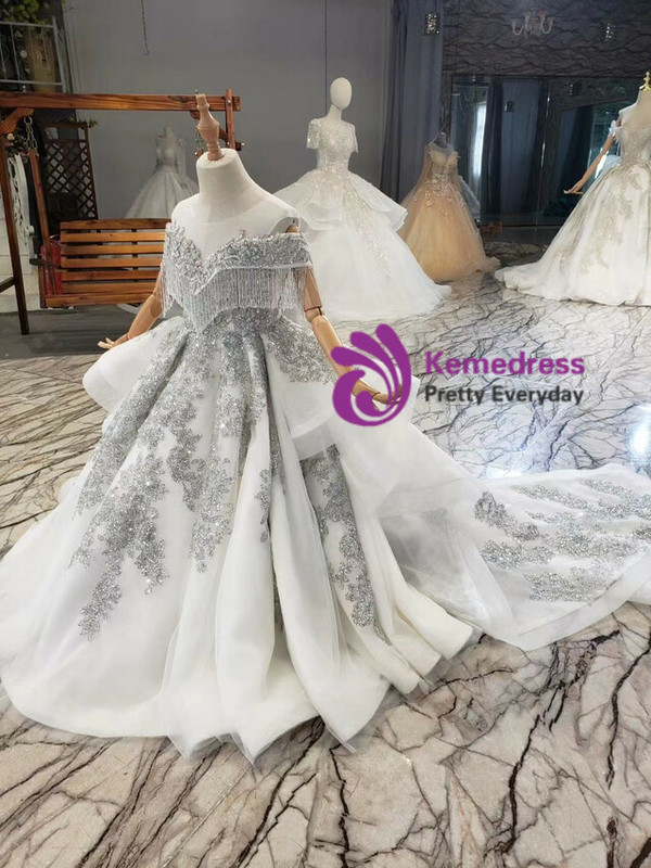 Tulle Silver Gray Sequins Appliques Beading Flower Girl Dress