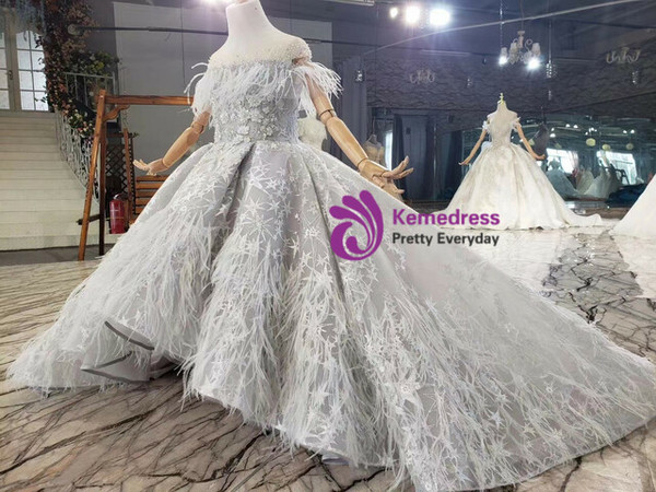 Gray Hi Lo Tulle Feather Beading Feather Flower Girl Dress