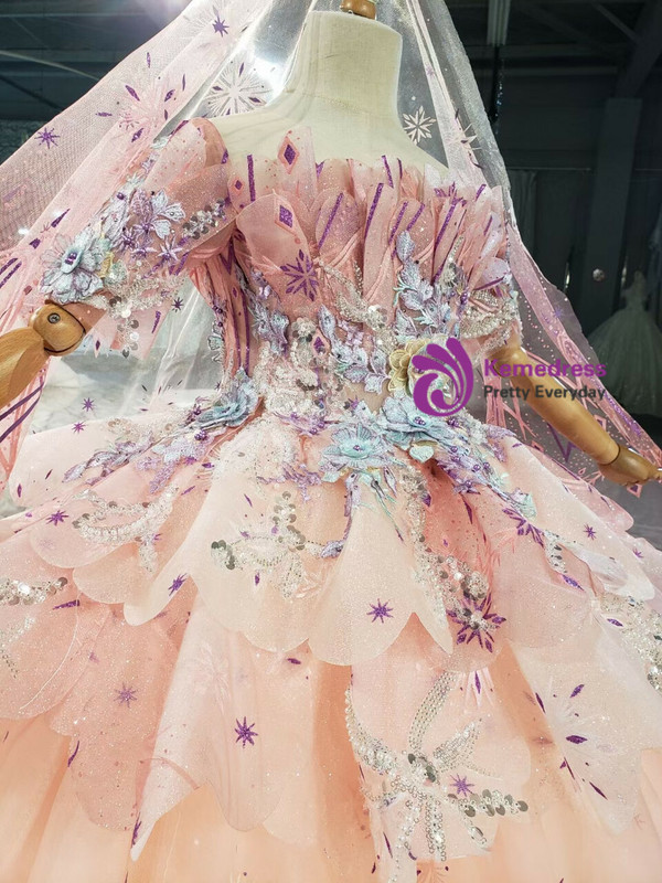 Pink Tulle Sequins Short Sleeve Appliques Flower Girl Dress