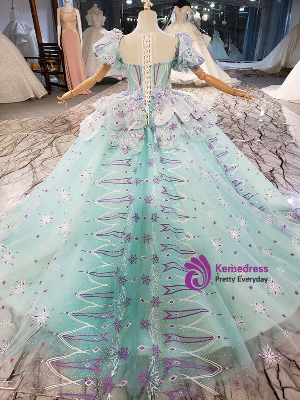 Green Tulle Short Sleeve Appliques Pearls Flower Girl Dress