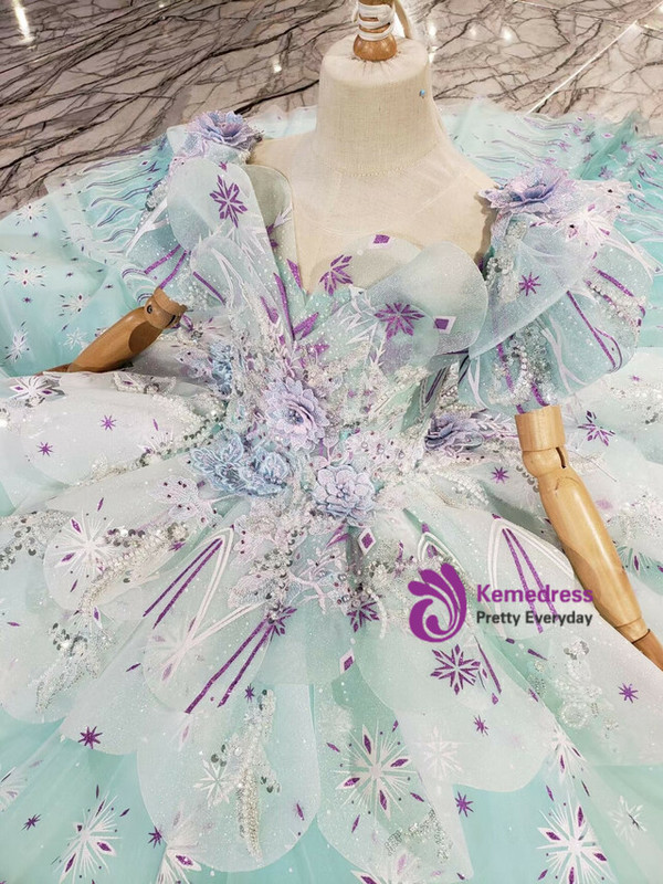 Green Tulle Short Sleeve Appliques Pearls Flower Girl Dress