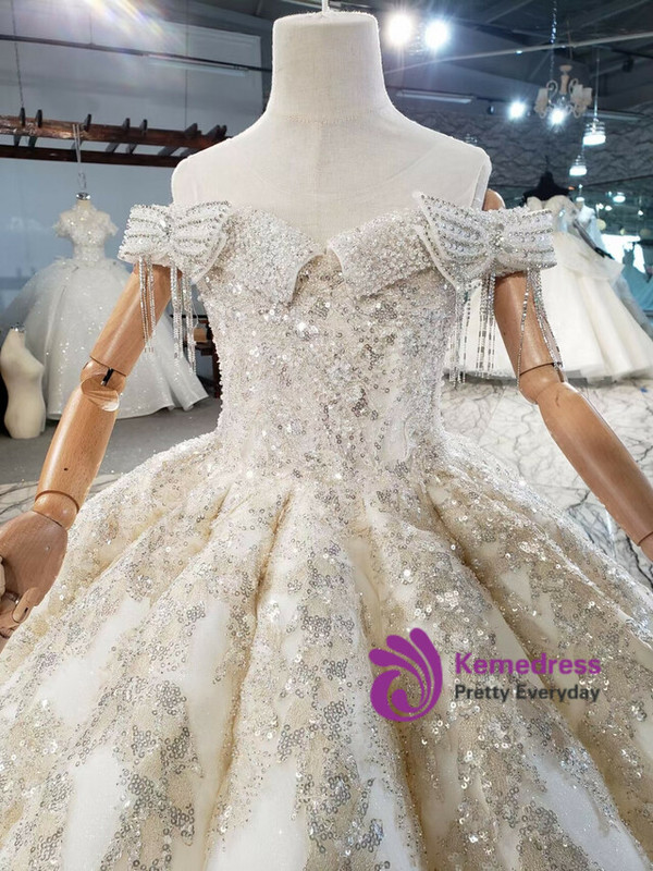 Champagne Tulle Sequins Appliques Beading Flower Girl Dress