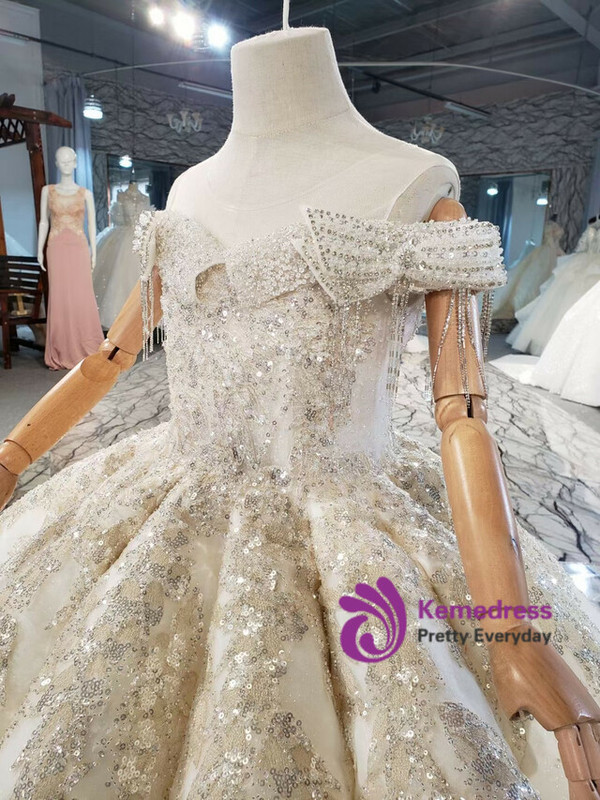 Champagne Tulle Sequins Appliques Beading Flower Girl Dress