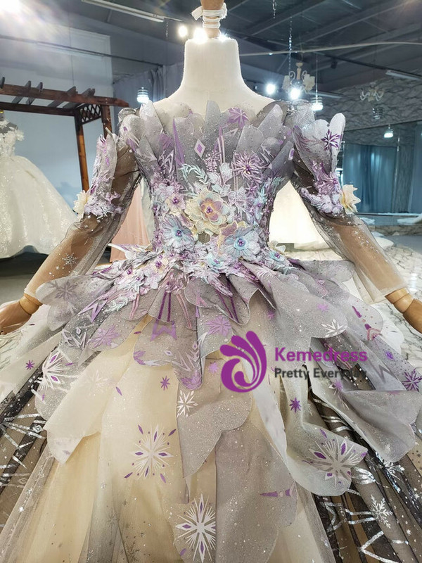 Champagne Gray Long Sleeve Tulle Appliques Flower Girl Dress