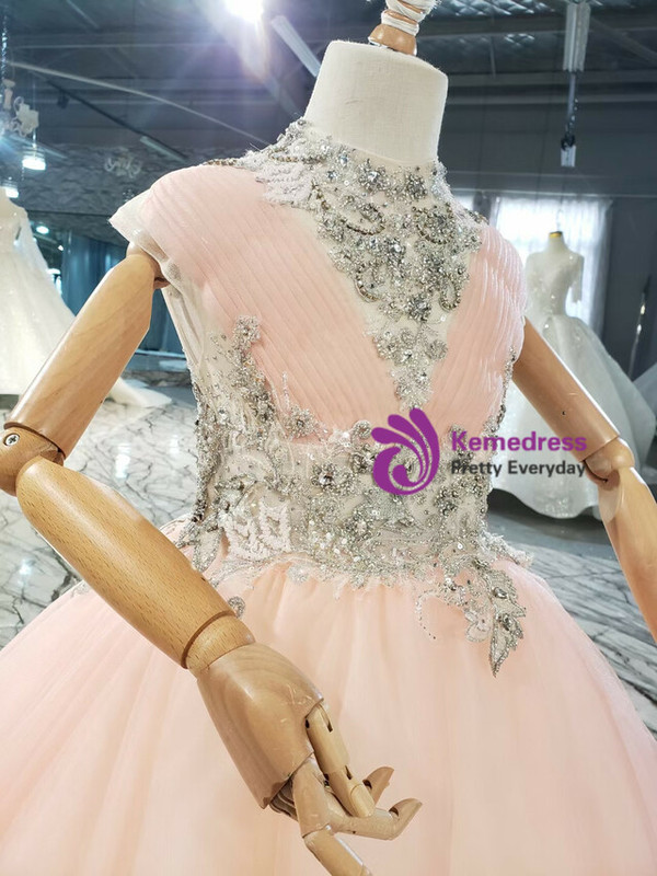 Pink Tulle Pleats High Neck Beading Flower Girl Dress