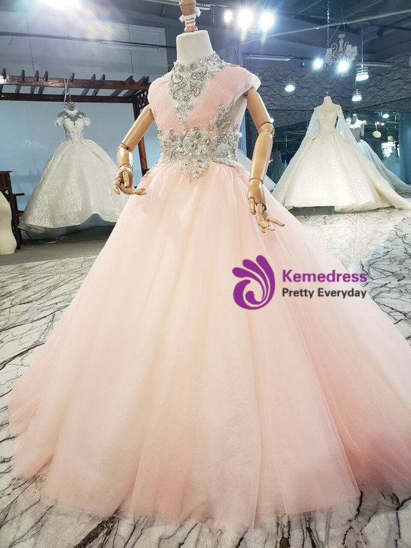 Pink Tulle Pleats High Neck Beading Flower Girl Dress