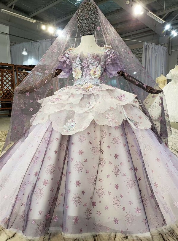 Purple Tulle Sequins Short Sleeve Appliques Flower Girl Dress