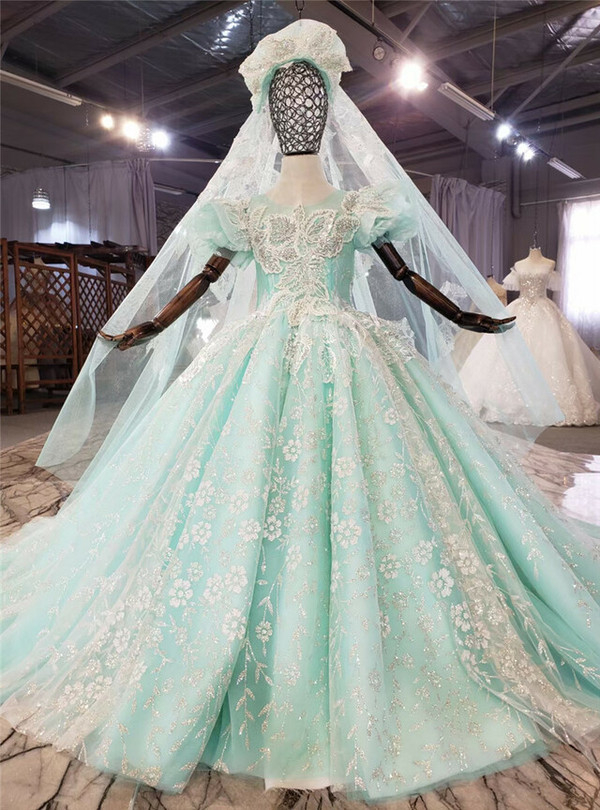 Green Tulle Sequins Puff Sleeve Beading Pearls Flower Girl Dress