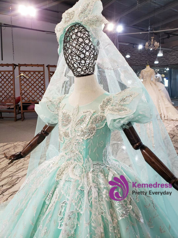 Green Tulle Sequins Puff Sleeve Beading Pearls Flower Girl Dress