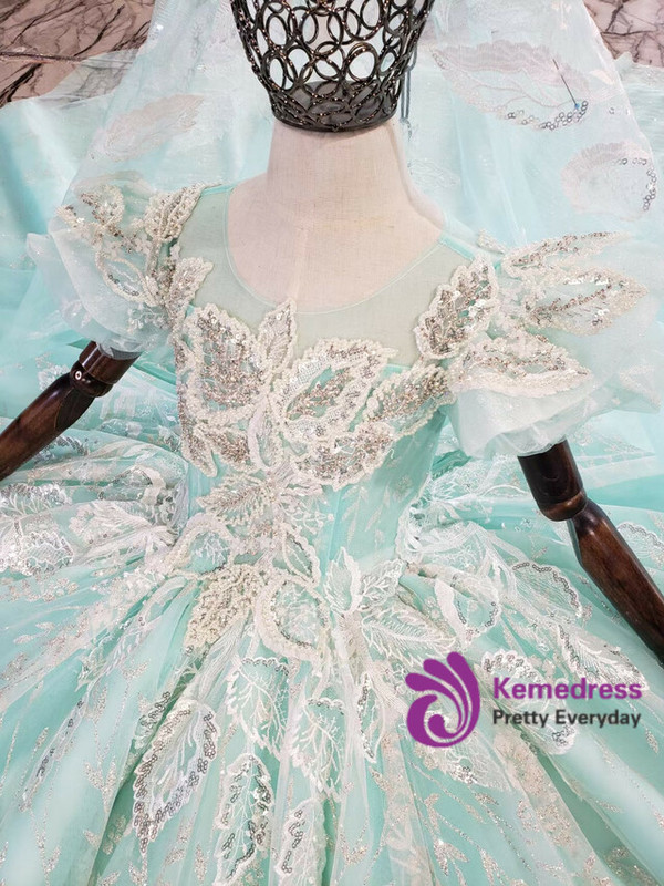 Green Tulle Sequins Puff Sleeve Beading Pearls Flower Girl Dress