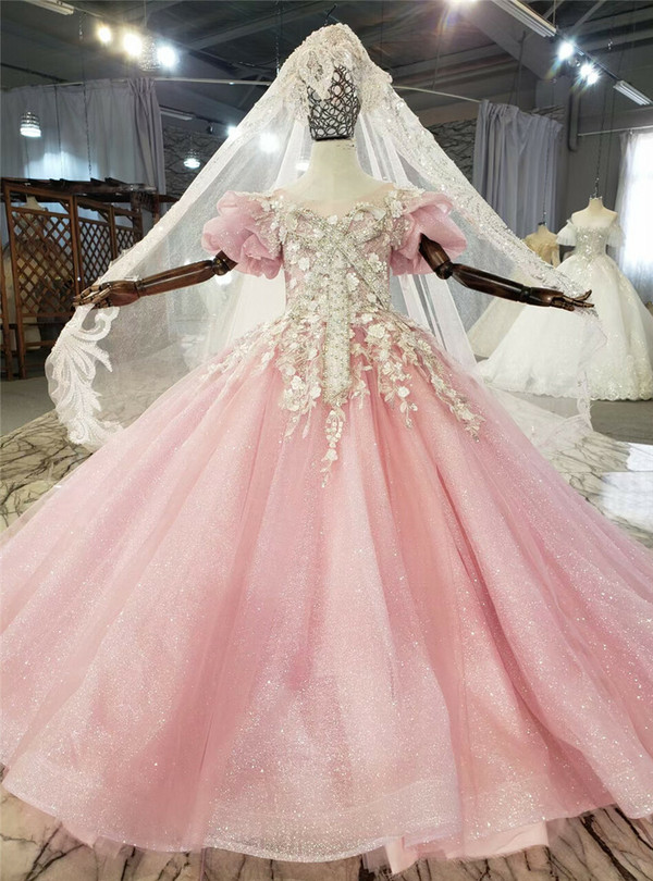 Pink Sequins Tulle Puff Sleeve Beading Crystal Flower Girl Dress