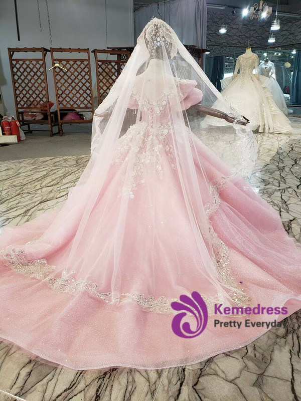 Pink Sequins Tulle Puff Sleeve Beading Crystal Flower Girl Dress