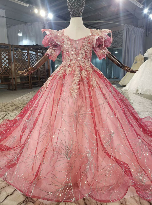 Watermelon Red Puff Sleeve Sequins Beading Flower Girl Dress