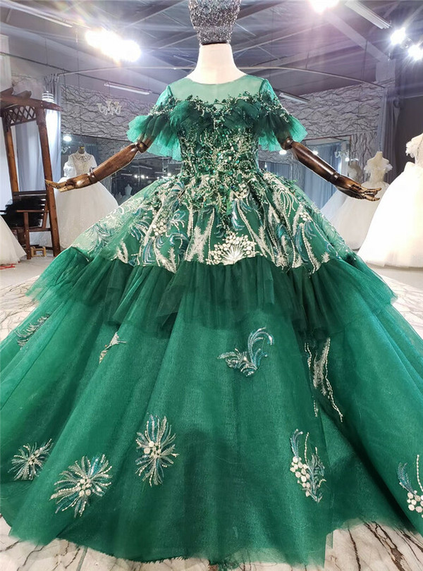 Green Tulle Embroidery Appliques Beading Sequins Flower Girl Dress