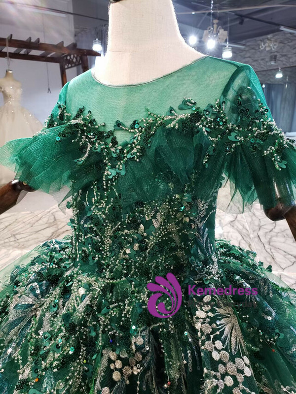 Green Tulle Embroidery Appliques Beading Sequins Flower Girl Dress