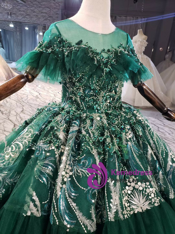 Green Tulle Embroidery Appliques Beading Sequins Flower Girl Dress