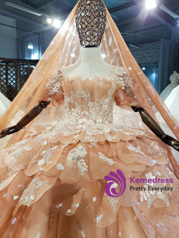 Orange Tulle Feather Appliques Beading Flower Girl Dress