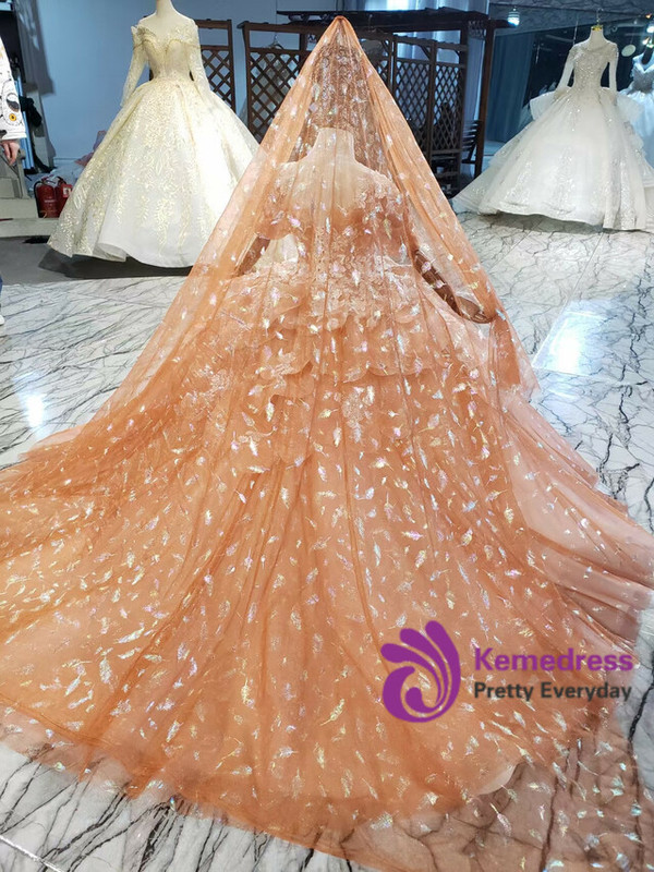 Orange Tulle Feather Appliques Beading Flower Girl Dress