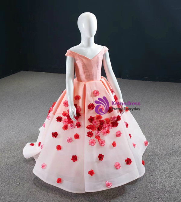 Pink Satin Organza Off the Shoulder Appliques Flower Girl Dress