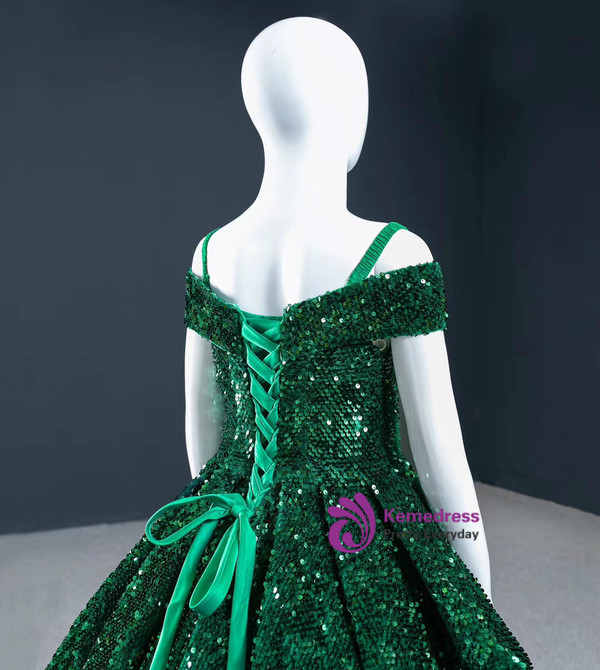 Green Sequins Off the Shoulder Flower Girl Dress