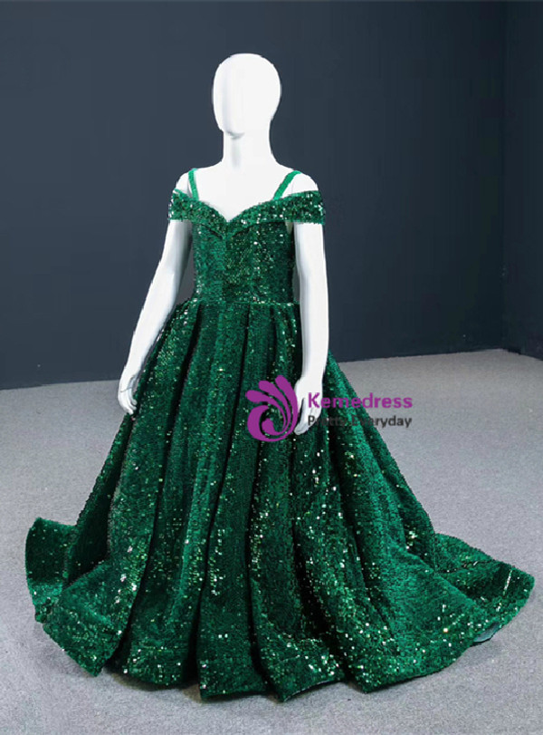 Green Sequins Off the Shoulder Flower Girl Dress