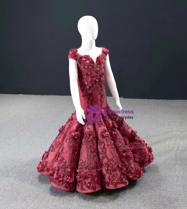 Burgundy Mermaid Off the Shoulder Appliques Flower Girl Dress