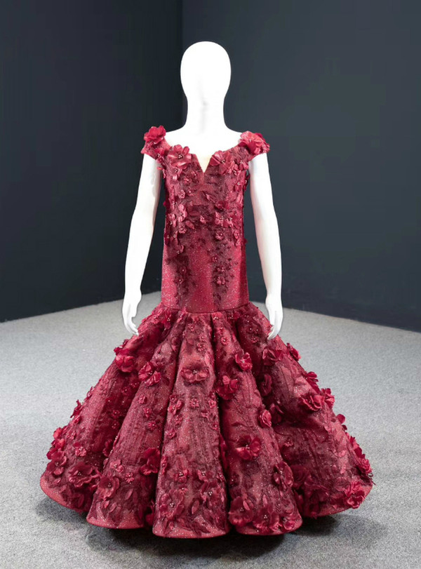 Burgundy Mermaid Off the Shoulder Appliques Flower Girl Dress