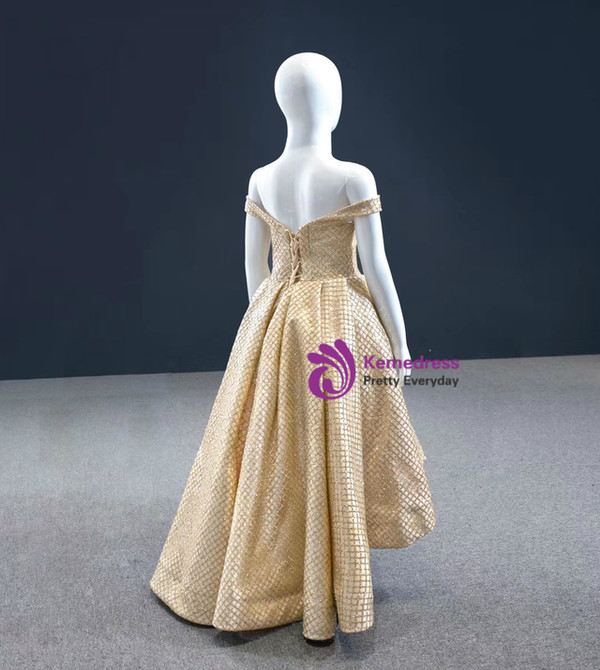 Gold Sequins Hi Lo Off the Shoulder Flower Girl Dress