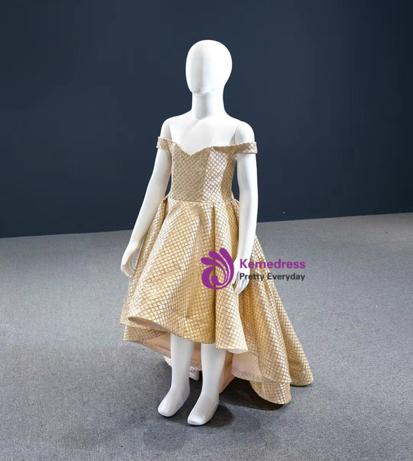 Gold Sequins Hi Lo Off the Shoulder Flower Girl Dress