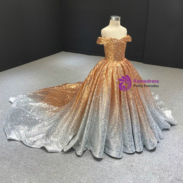 Gold Silver Sequins Off the Shoulder Flower Girl Dress