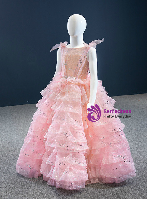 Pink Tulle Sequins Tiers Beading Flower Girl Dress