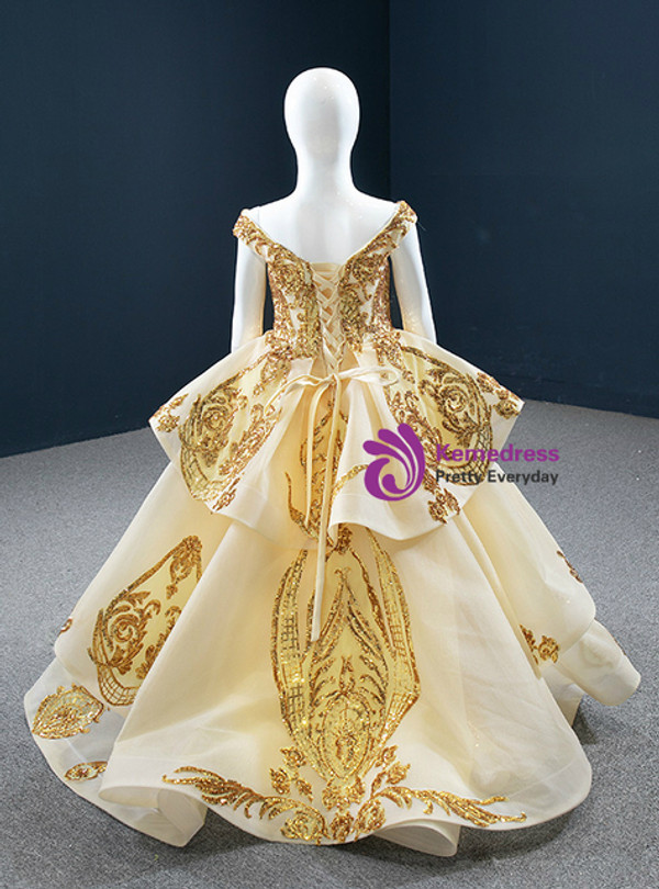 Gold Ball Gown Sequins Appliques Off the Shoulder Flower Girl Dress