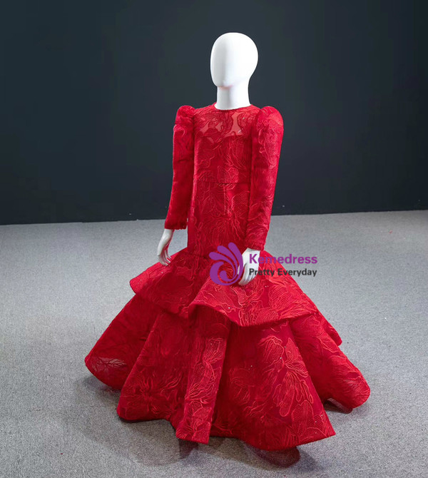 Red Lace Mermaid Long Sleeve Backless Flower Girl Dress