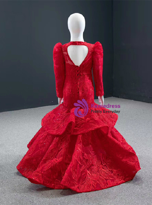 Red Lace Mermaid Long Sleeve Backless Flower Girl Dress