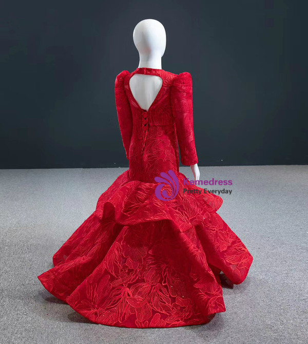 Red Lace Mermaid Long Sleeve Backless Flower Girl Dress