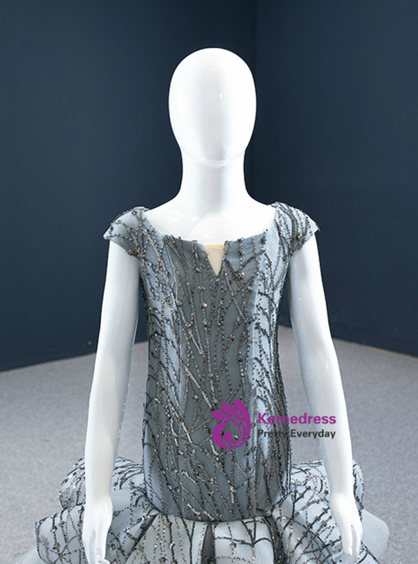 Silver Mermaid Tulle Sequins Cap Sleeve Flower Girl Dress