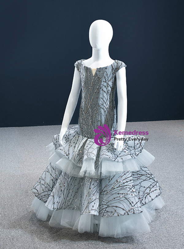 Silver Mermaid Tulle Sequins Cap Sleeve Flower Girl Dress