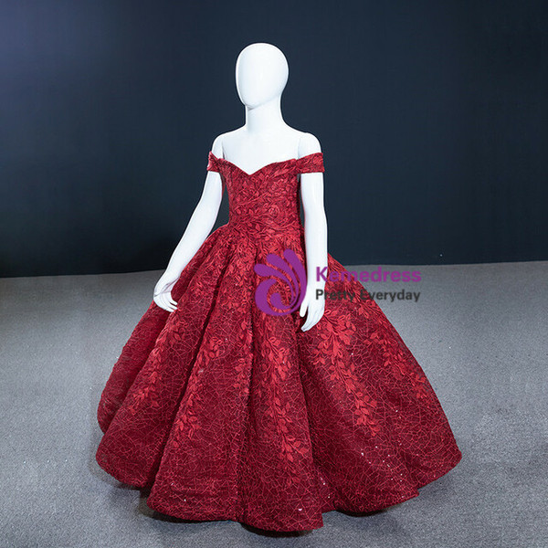 Burgundy Lace Sequins Appliques Off the Shoulder Flower Girl Dress