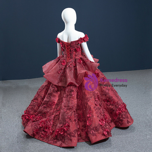 Burgundy Off the Shoulder 3D Appliques Flower Girl Dress