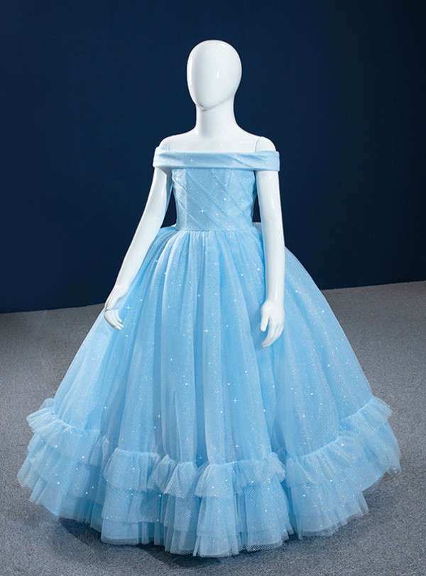 Blue Tulle Sequins Off the Shoulder Flower Girl Dress