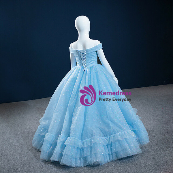 Blue Tulle Sequins Off the Shoulder Flower Girl Dress