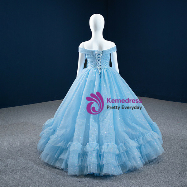 Blue Tulle Sequins Off the Shoulder Flower Girl Dress
